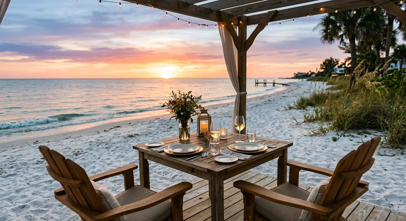 Sunset beachfront dinner table set on the sand under string lights on Anna Maria Island