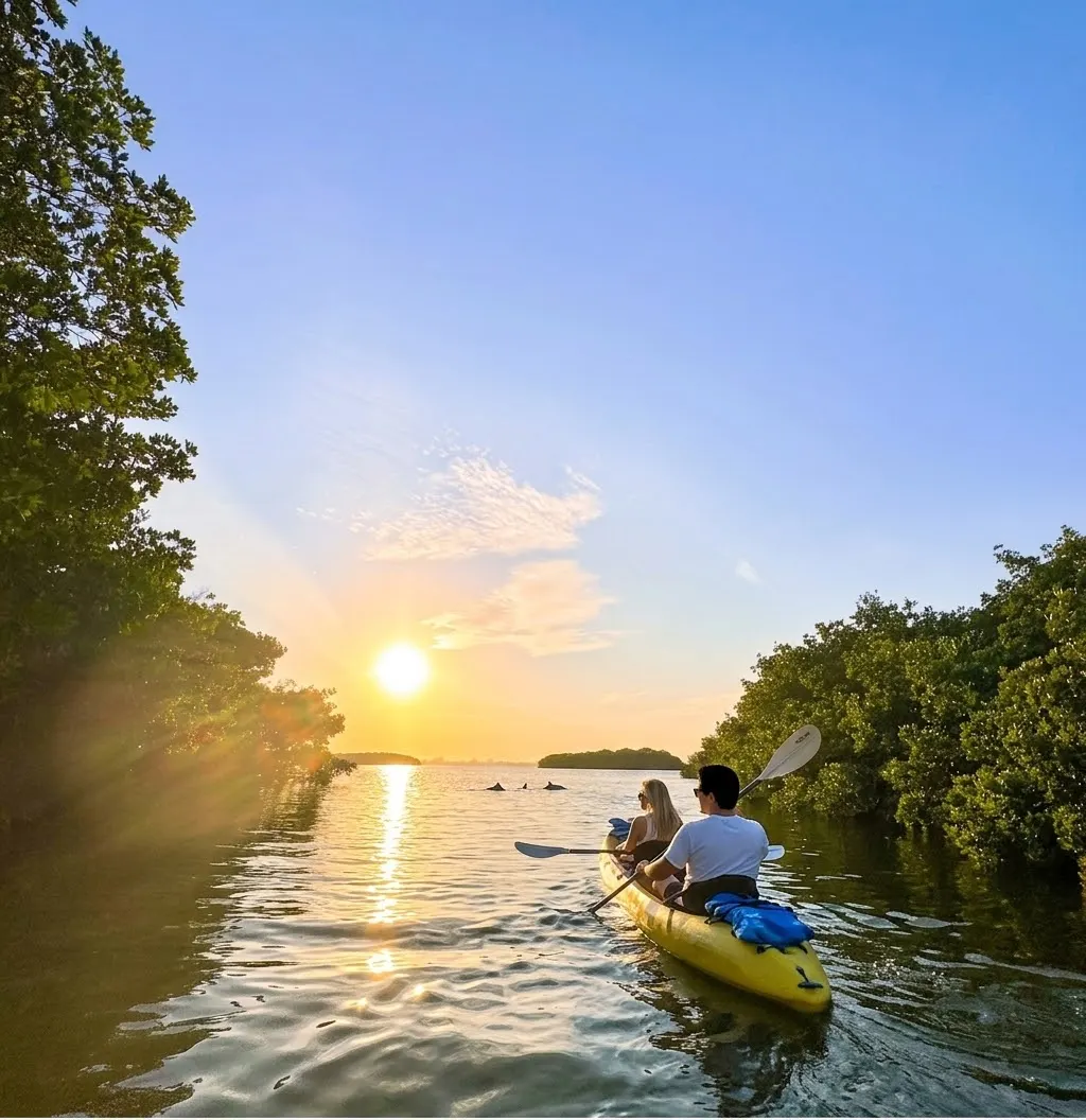 Kayakers paddling through the mangroves at sunset on Anna Maria Island