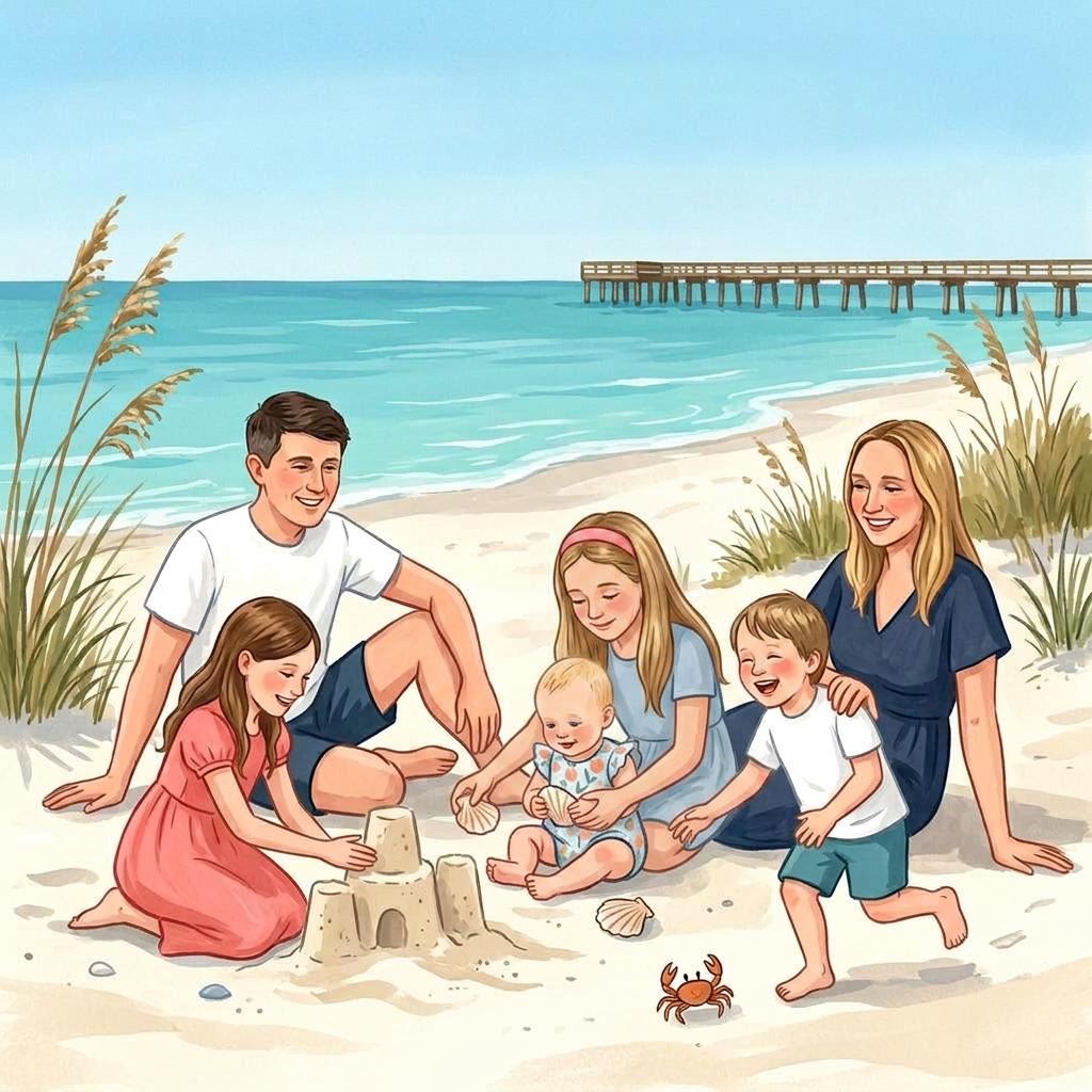 An illustrated family of six playing together on the beach at Anna Maria Island
