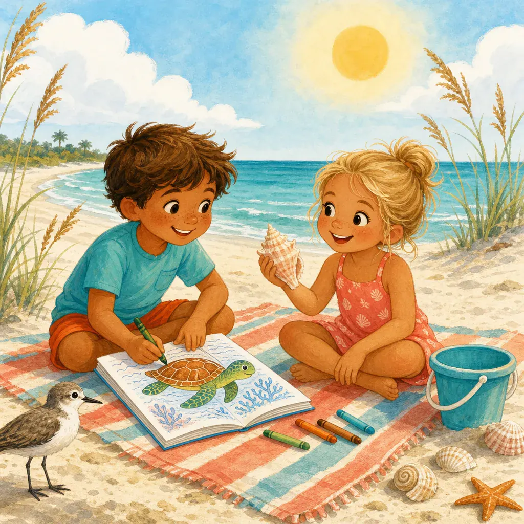 Children coloring and exploring shells on an Anna Maria Island beach
