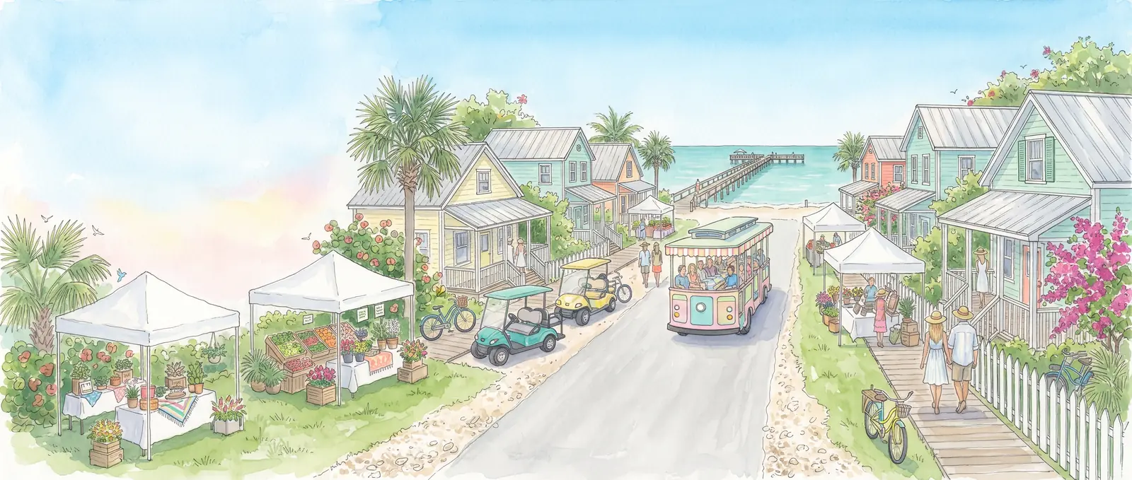 Watercolour of a Saturday morning market under shady trees on Anna Maria Island