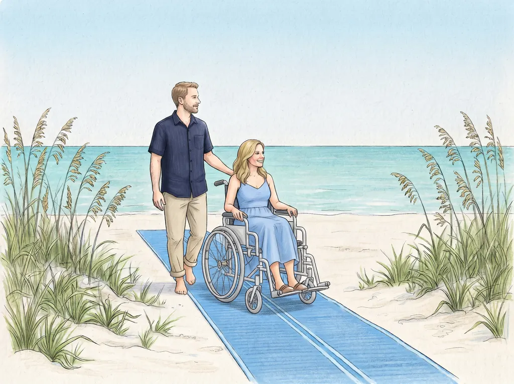 Illustration of a woman using a wheelchair on a beach access mat