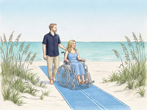 Illustration of a woman using a wheelchair on a beach access mat