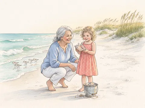 Illustration of a grandmother and child collecting shells on the beach