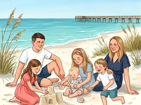 Illustration of a family building a sandcastle on an Anna Maria Island beach