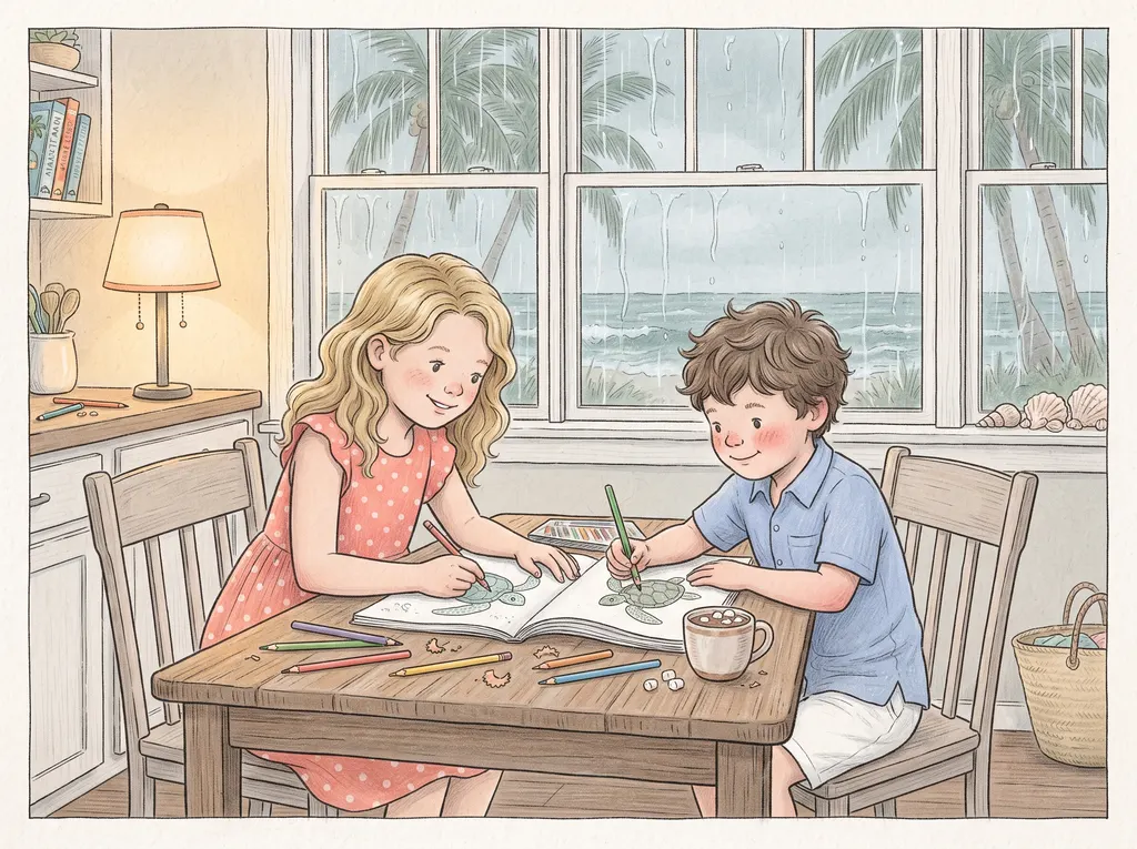 Illustration of children colouring indoors while rain falls outside