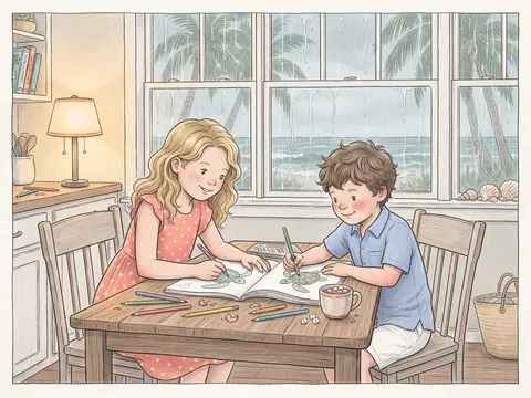 Illustration of children colouring indoors while rain falls outside