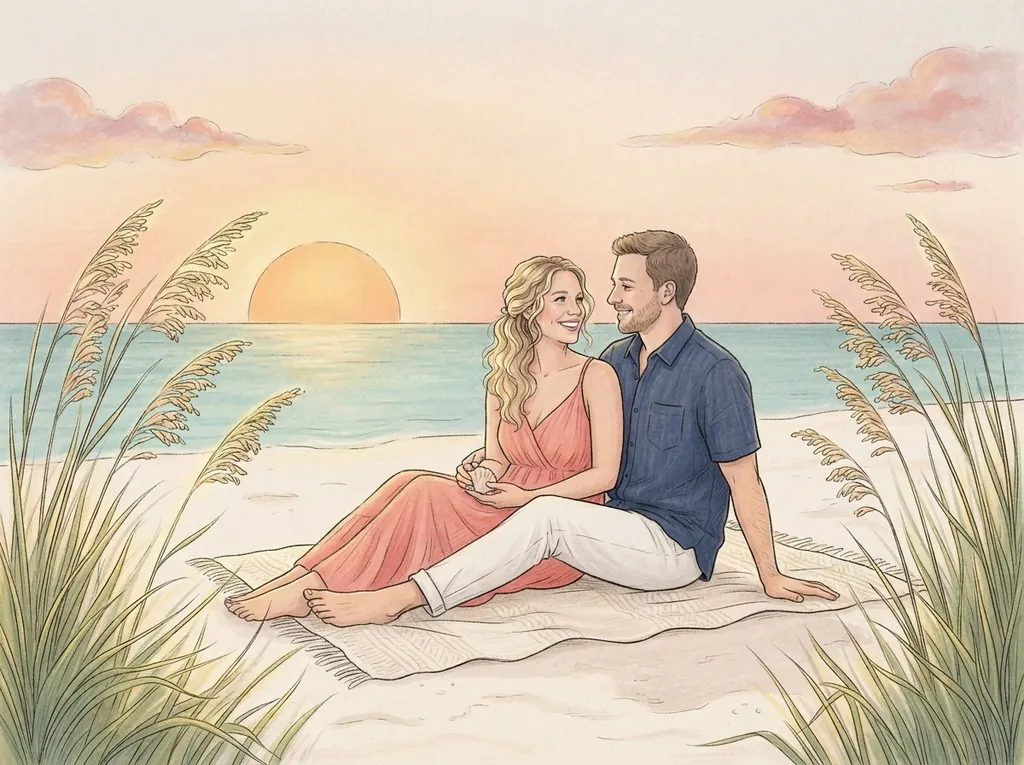 Illustration of a couple watching the sunset on an Anna Maria Island beach