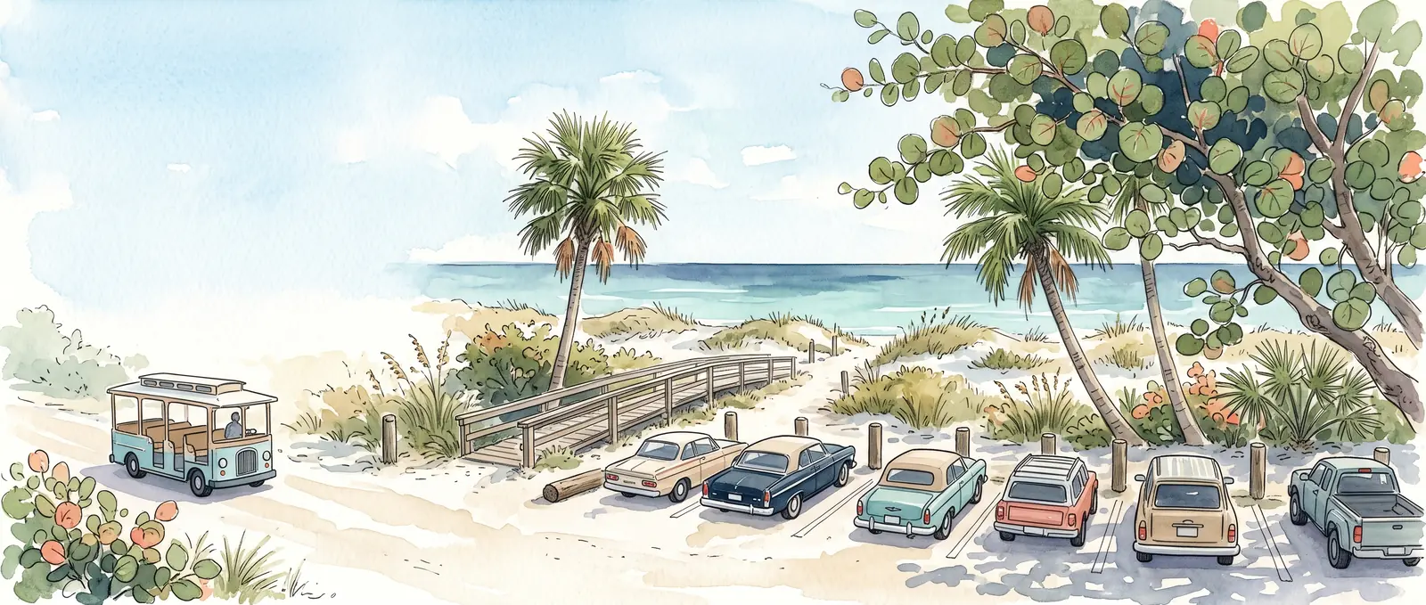 Watercolour illustration of a beach car park with sea grape trees, a boardwalk over the dunes to the Gulf, and the island trolley