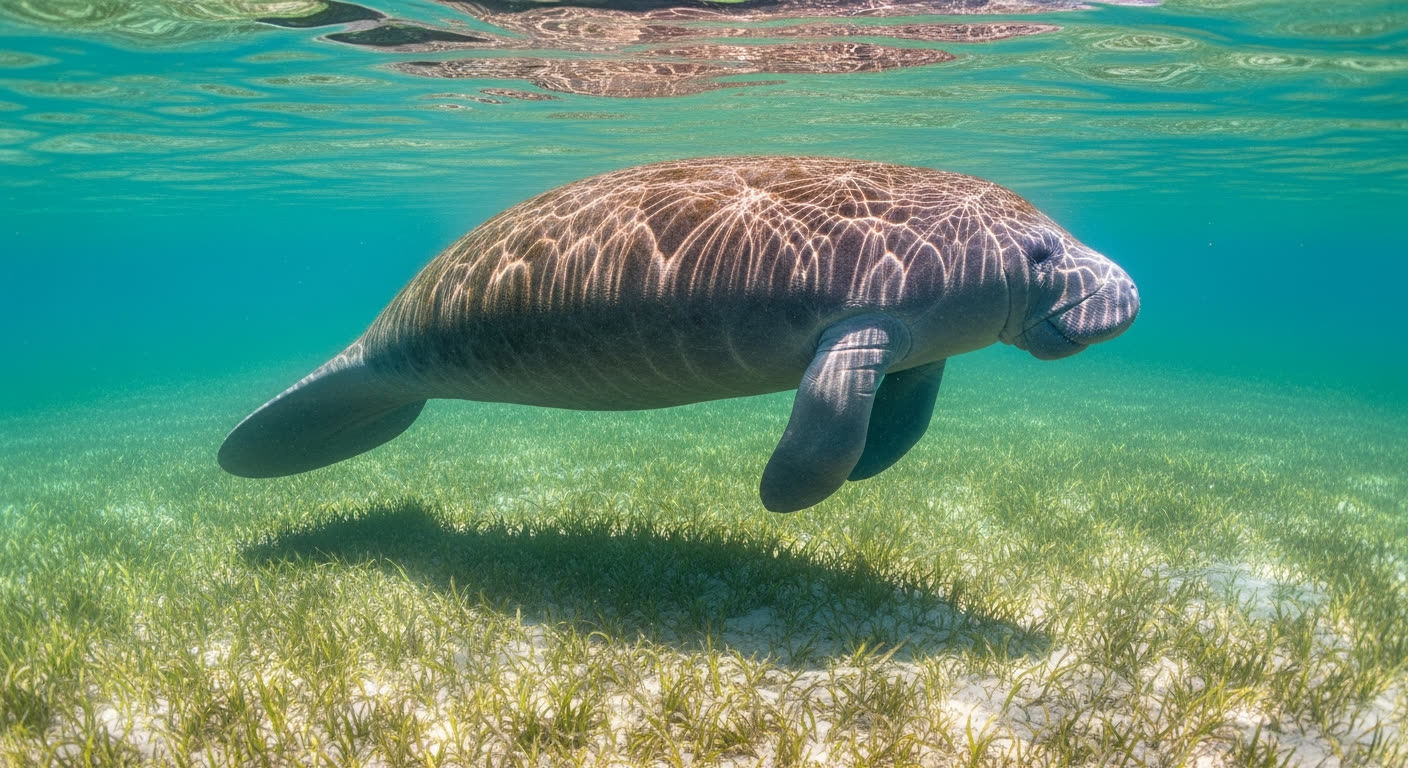 A Florida manatee gliding through the clear turquoise coastal waters near Anna Maria Island