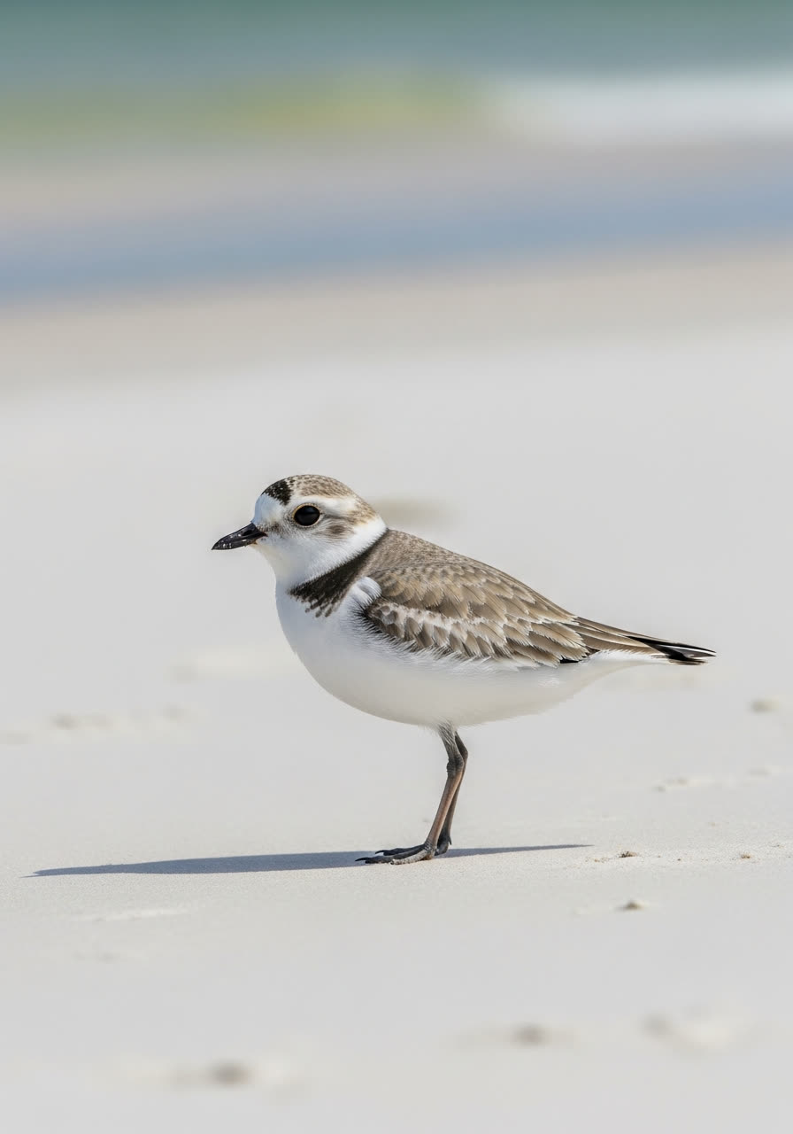 A Snowy Plover, a small pale shorebird, standing on the white sand of Anna Maria Island