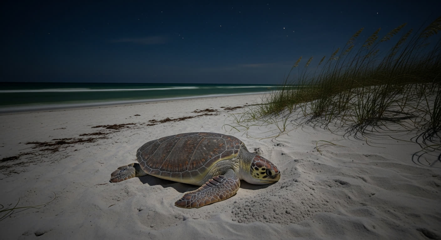 A female loggerhead sea turtle nesting on the sand at night on Anna Maria Island under moonlight